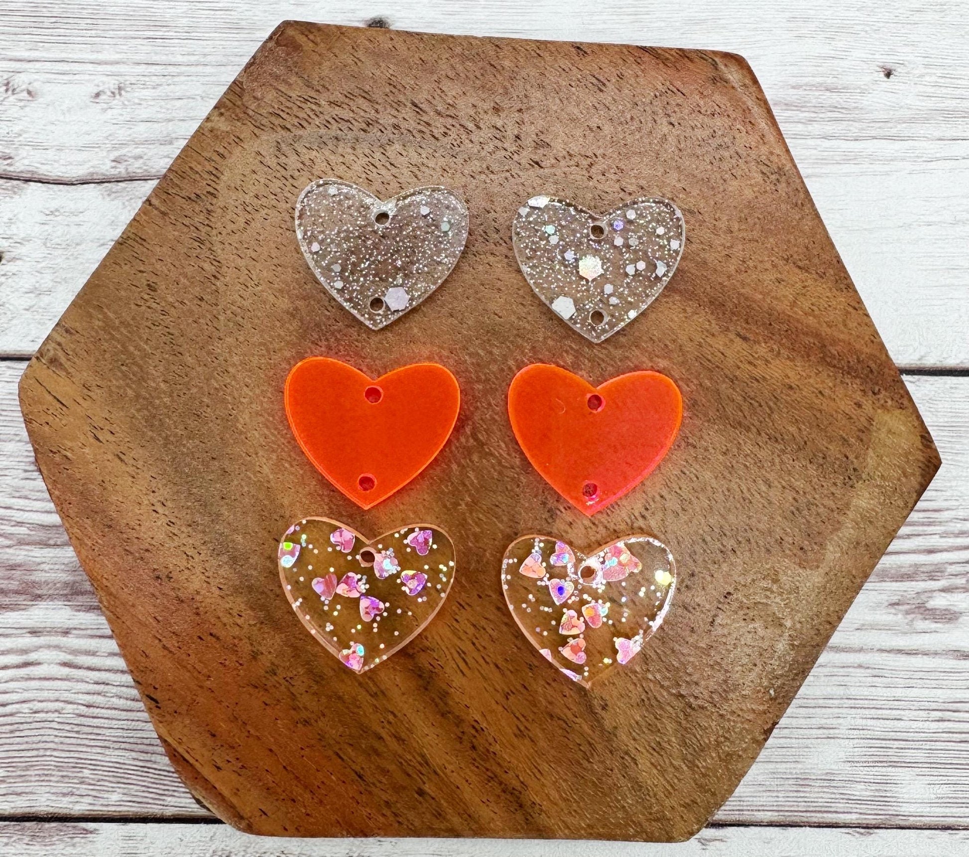 Fluorescent Pink Heart Print Glitter Acrylic Heart Valentine Trio Earring Blanks, DIY Jewelry Making