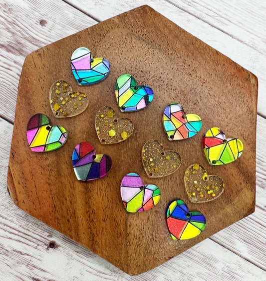 Stained Glass and Gold Glitter Acrylic Heart Valentine Trio Earring Blanks, DIY Jewelry Making