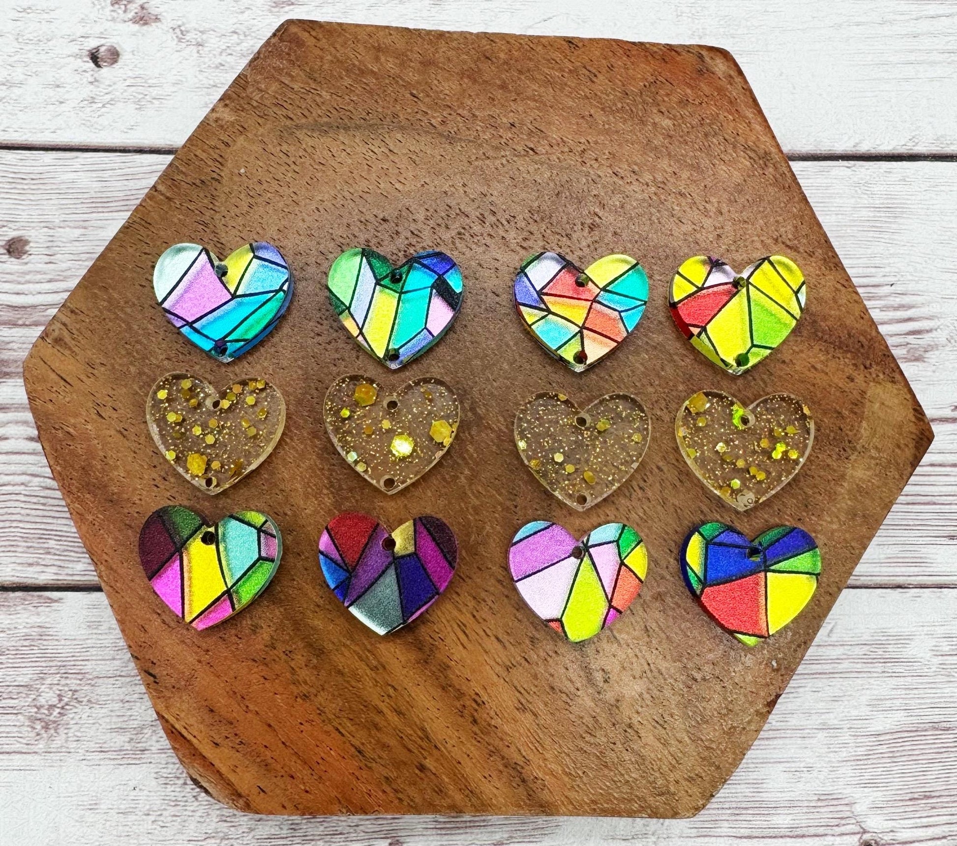 Stained Glass and Gold Glitter Acrylic Heart Valentine Trio Earring Blanks, DIY Jewelry Making