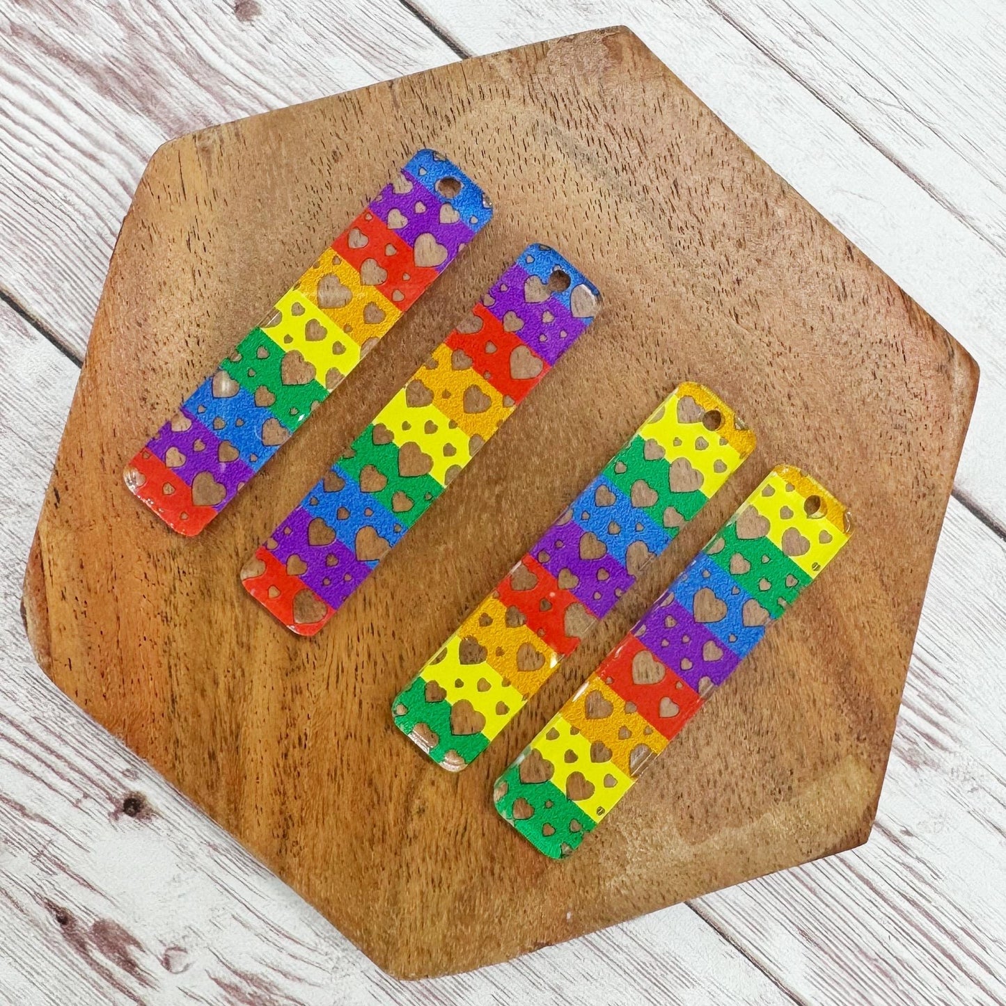 Rainbow Heart Patterned Acrylic Bar Earring Blanks, DIY Jewelry Making