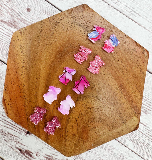 Pink Print Variety Bunny Rabbit Stud Set of 5, Easter, Earring Blanks, DIY Jewelry Making