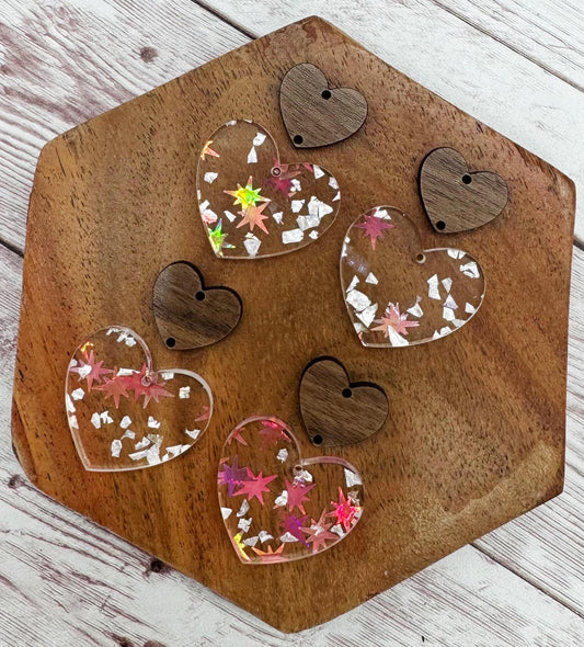 Pink and Silver Glittter Flake Acrylic and Walnut Heart Connector Valentine Earring Blanks, DIY Jewelry Making