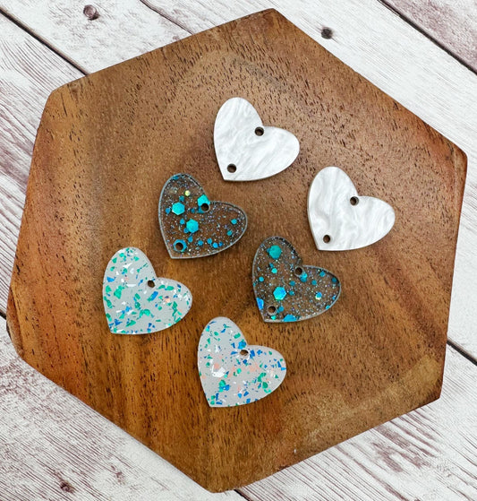 Blue Green Beach Tone Acrylic Heart Valentine Trio Earring Blanks, DIY Jewelry Making