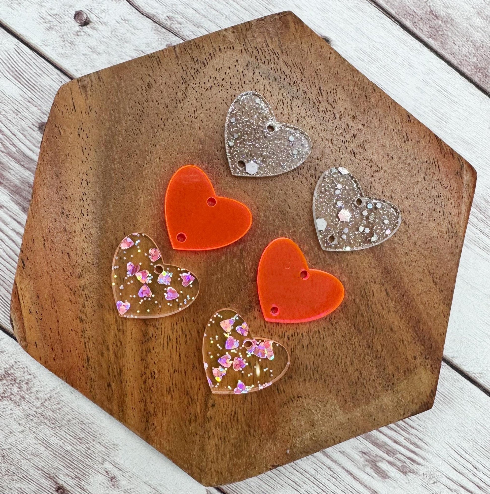 Fluorescent Pink Heart Print Glitter Acrylic Heart Valentine Trio Earring Blanks, DIY Jewelry Making