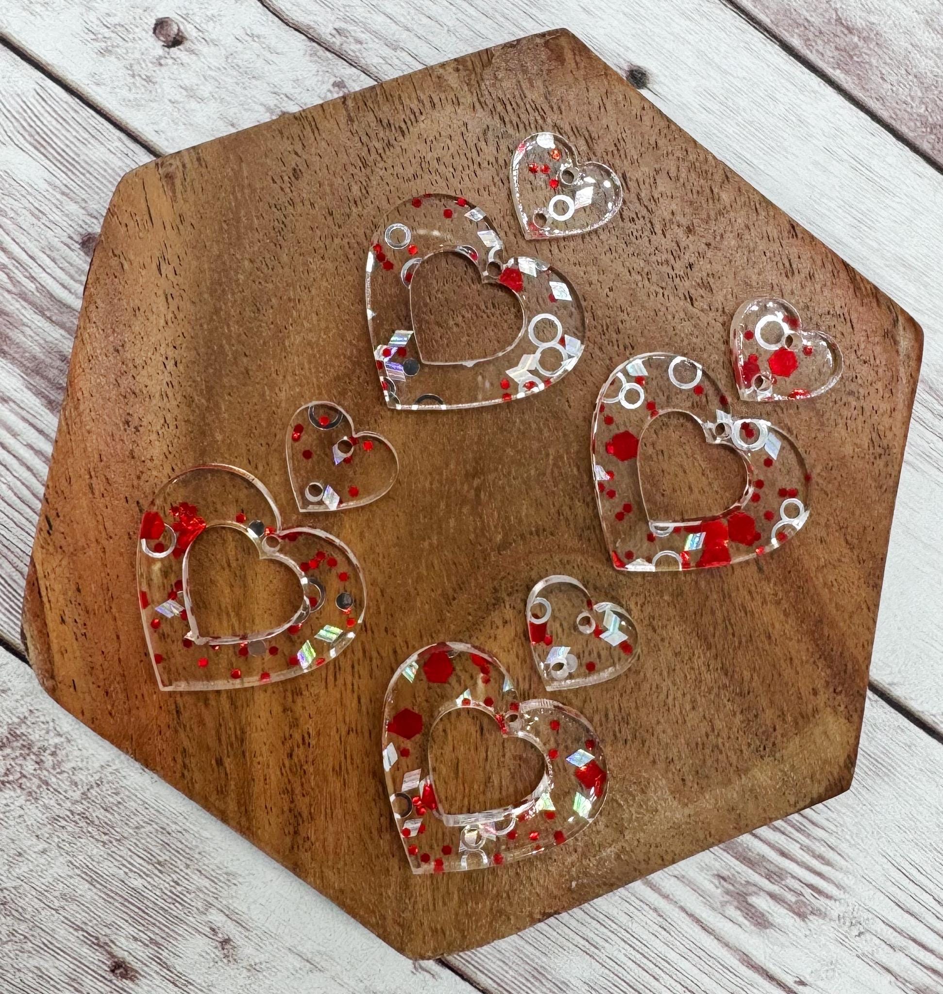 Red and Silver Glitter Heart Duo Acrylic Valentine Earring Blanks, DIY Jewelry Making