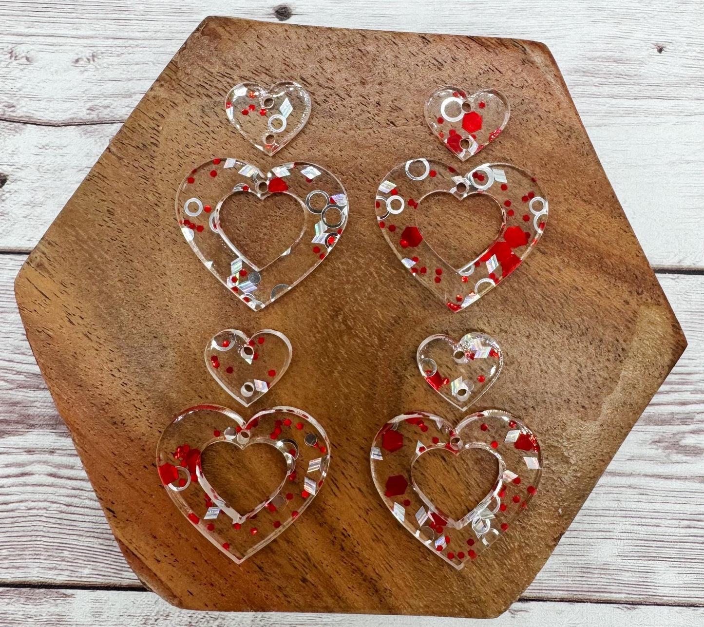 Red and Silver Glitter Heart Duo Acrylic Valentine Earring Blanks, DIY Jewelry Making