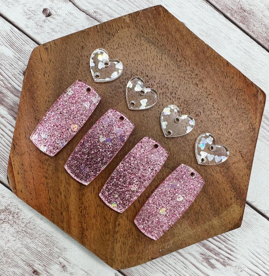 Pink Heart Glitter Bar and Silver Heart Connector Set Acrylic Valentine Earring Blanks, DIY Jewelry Making