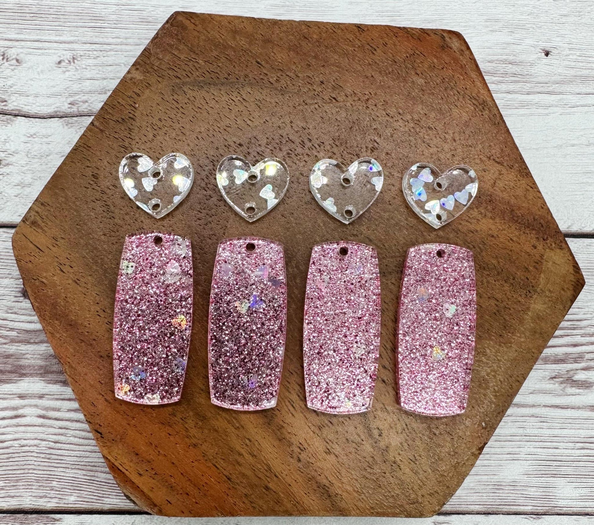 Pink Heart Glitter Bar and Silver Heart Connector Set Acrylic Valentine Earring Blanks, DIY Jewelry Making