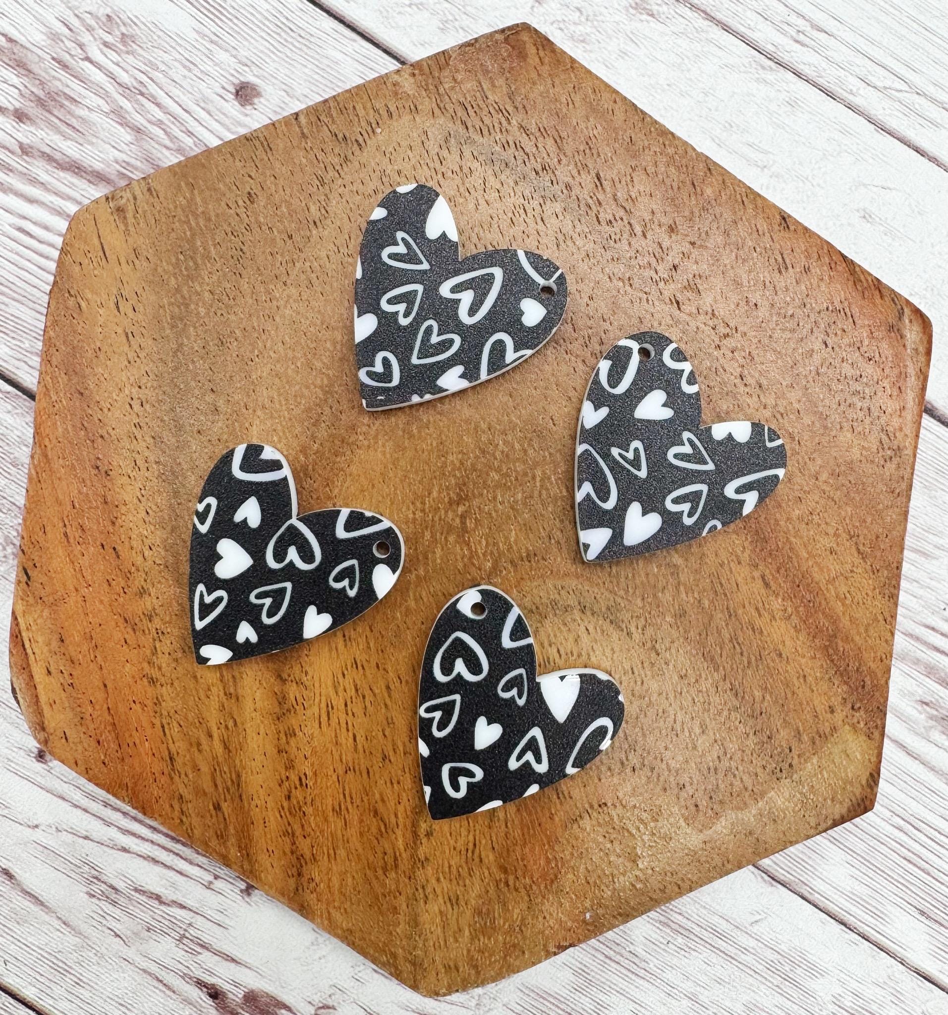 Set of 2 Pair Black and White Heart Acrylic Valentine Dangle Blanks DIY Jewelry Making