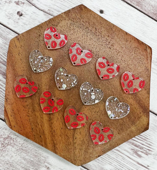 Red Kiss Lips and Glitter Acrylic Heart Valentine Trio Earring Blanks, DIY Jewelry Making