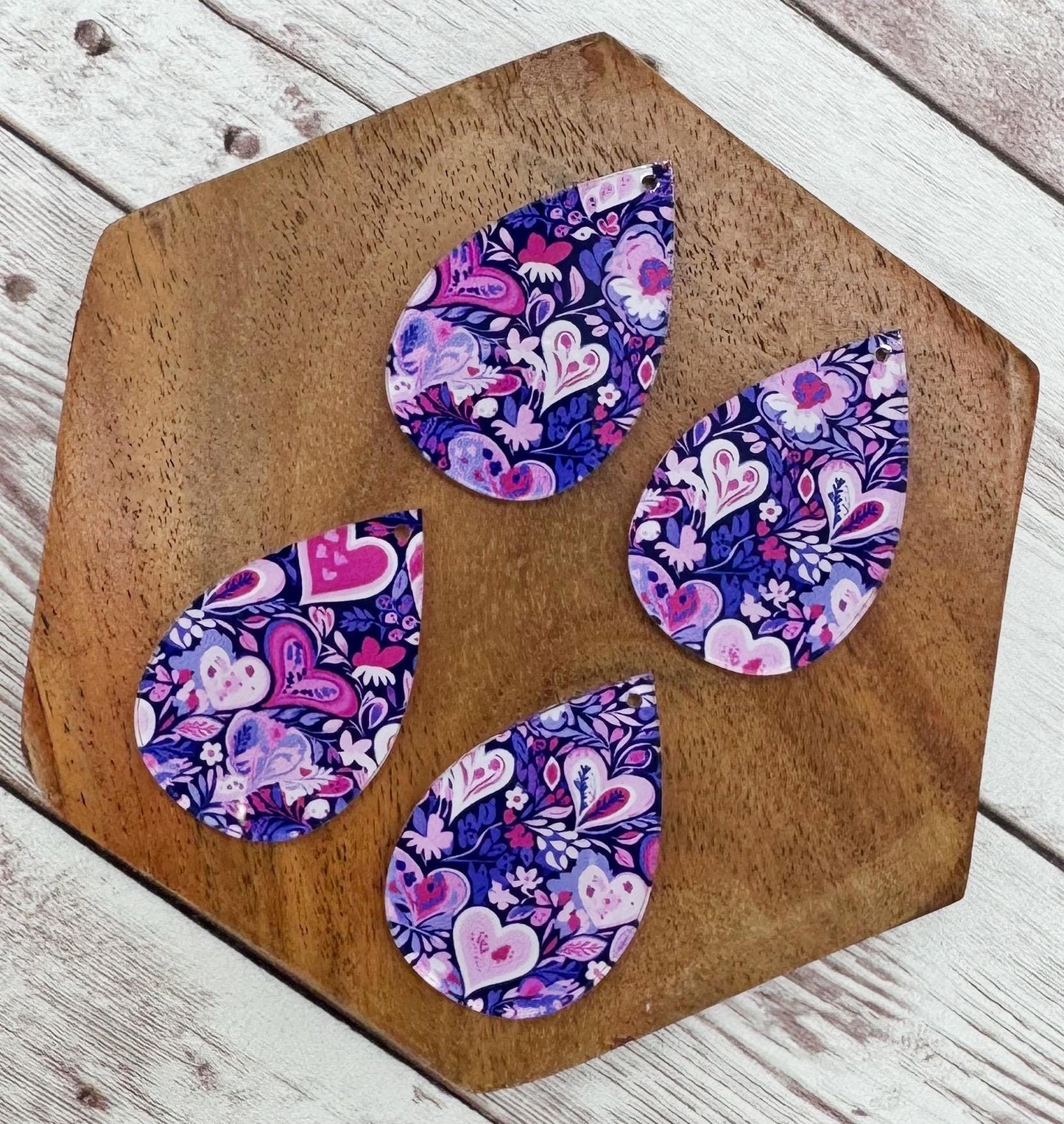 Purple Floral Heart Valentine Print Acrylic Teardrop Earring Blanks, DIY Jewelry Making