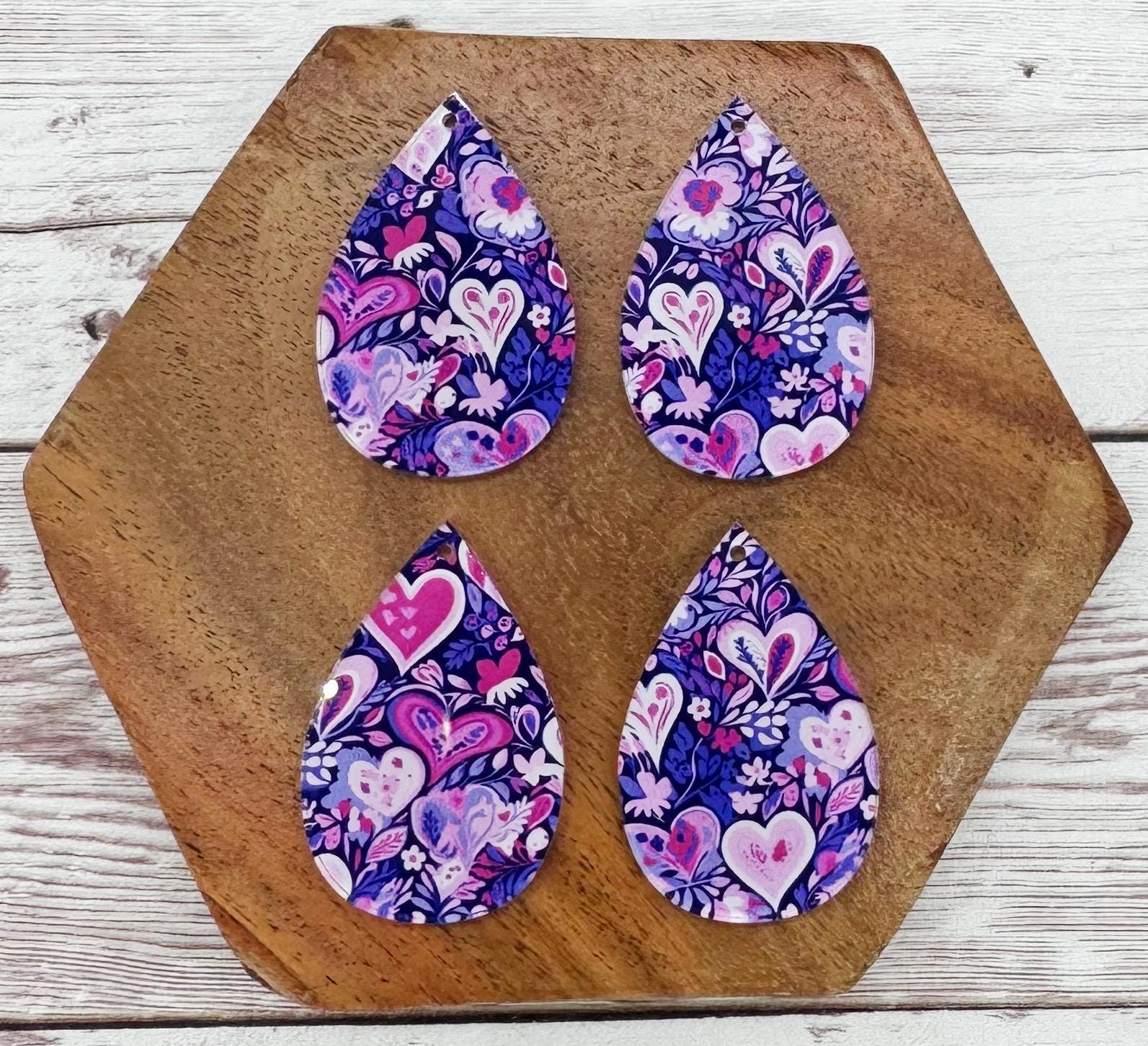 Purple Floral Heart Valentine Print Acrylic Teardrop Earring Blanks, DIY Jewelry Making