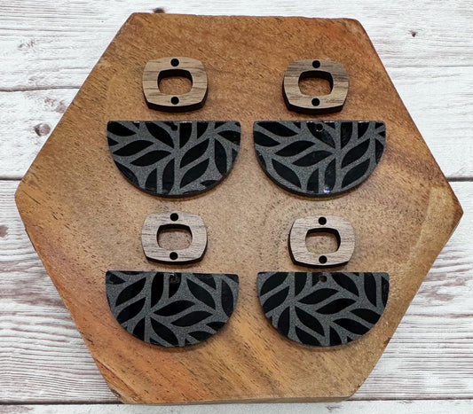 Black Leaf Print Acrylic and Wood Boho Connector Set Earring Blanks, DIY Jewelry Making