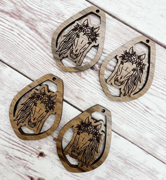 Engraved Floral Horse Earring Blanks, Finished Walnut Blank, DIY Jewelry Making
