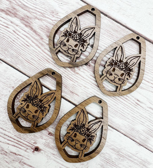 Engraved Floral Bunny Rabbit Animal Earring Blanks, Finished Walnut Blank, DIY Jewelry Making