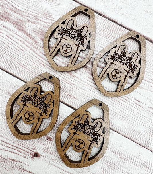 Engraved Floral Llama Animal Earring Blanks, Finished Walnut Blank, DIY Jewelry Making