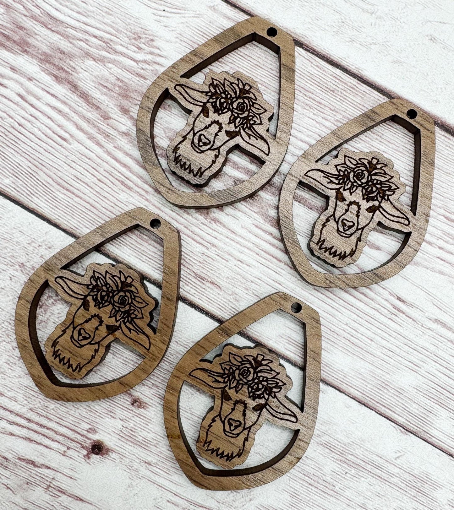 Engraved Floral Goat Animal Earring Blanks, Finished Walnut Blank, DIY Jewelry Making