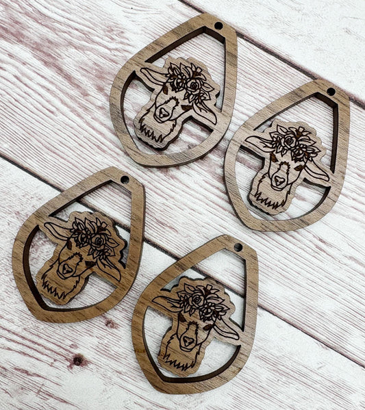 Engraved Floral Goat Animal Earring Blanks, Finished Walnut Blank, DIY Jewelry Making
