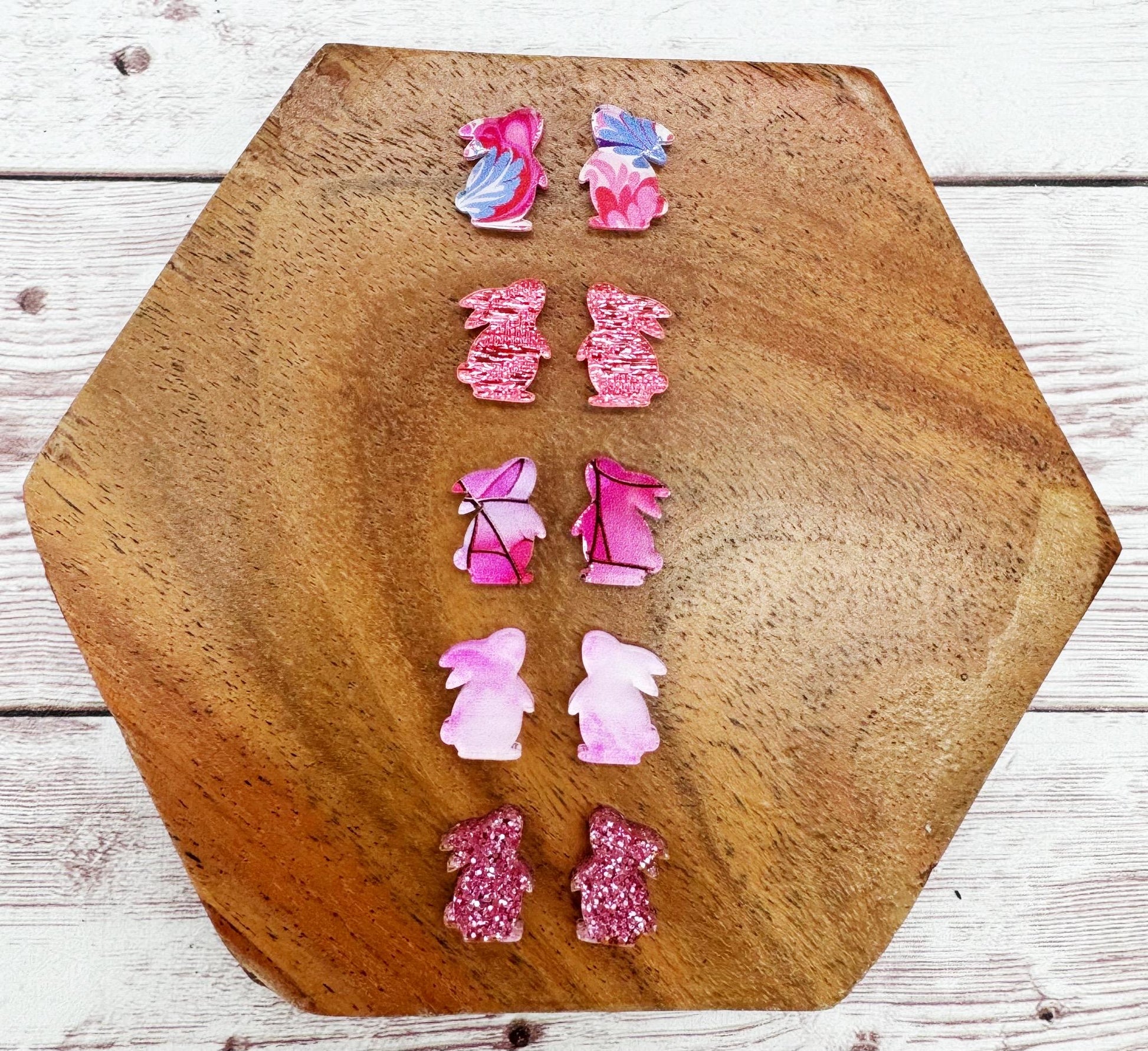 Pink Print Variety Bunny Rabbit Stud Set of 5, Easter, Earring Blanks, DIY Jewelry Making