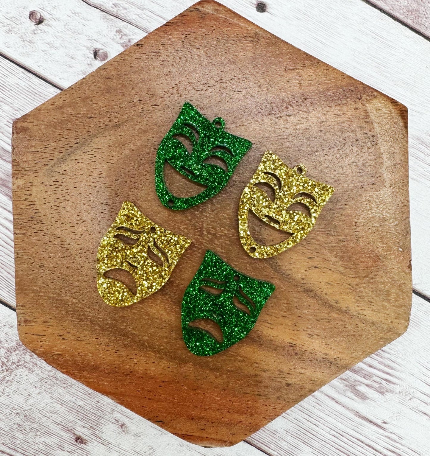 Mardi Gras Green and Gold Glitter Mask Duo Acrylic Earring Blanks, DIY Jewelry Making