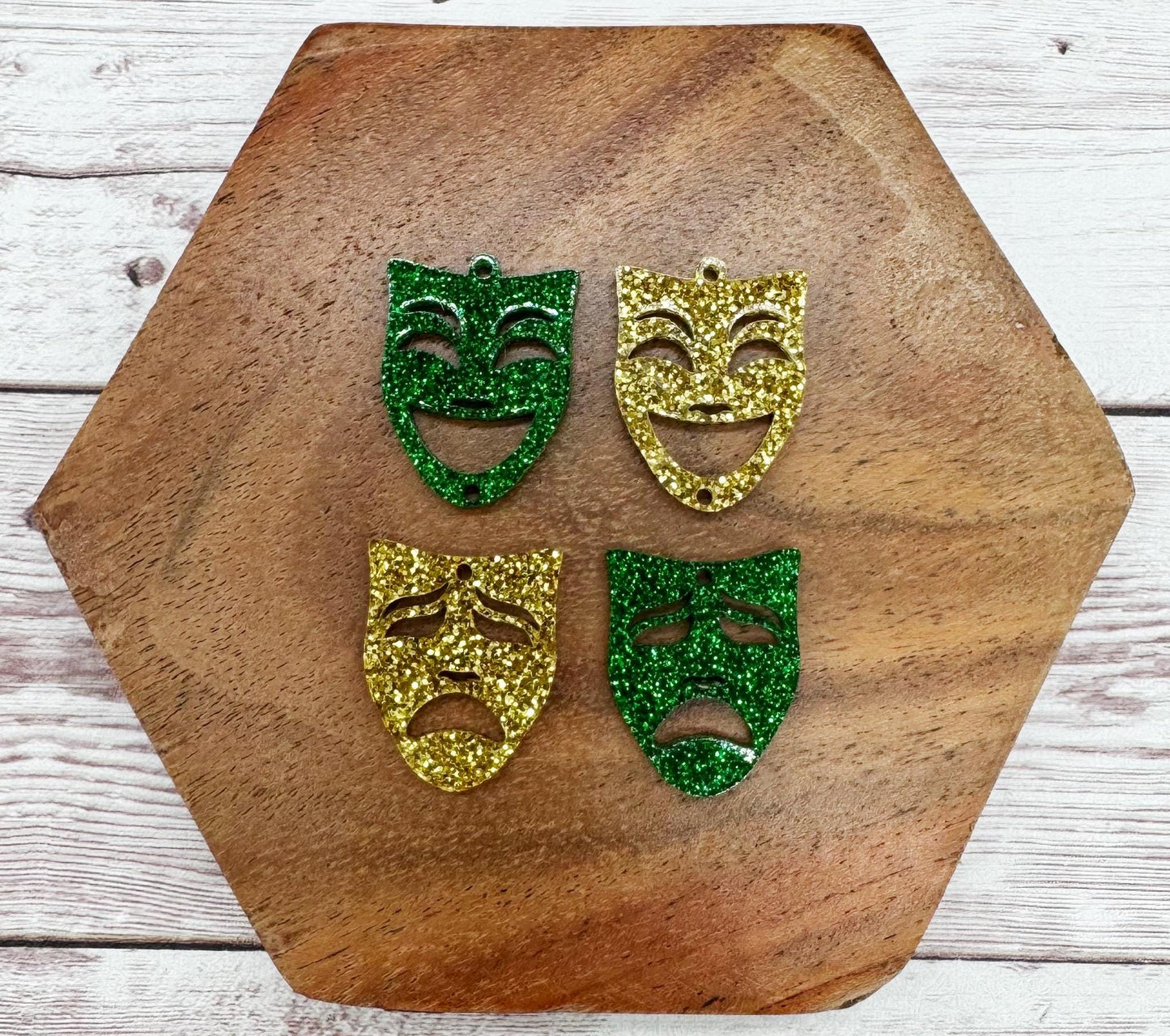 Mardi Gras Green and Gold Glitter Mask Duo Acrylic Earring Blanks, DIY Jewelry Making