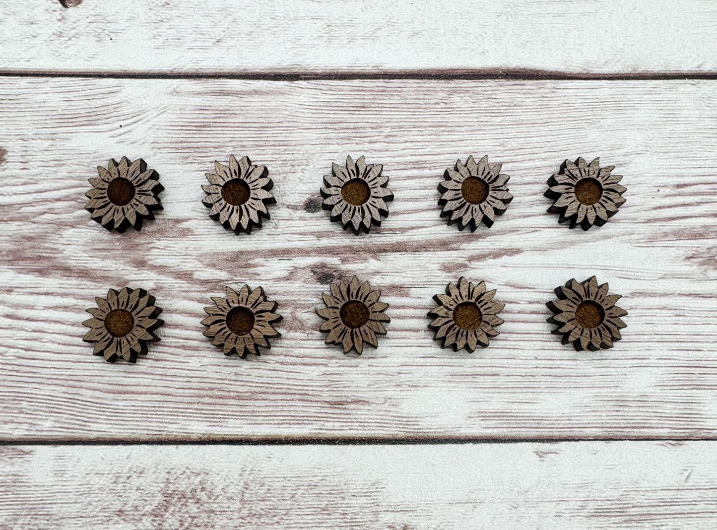 Finished Walnut Engraved Sunflower Stud Earring Blanks Set of 5 Pair DIY Jewelry Making