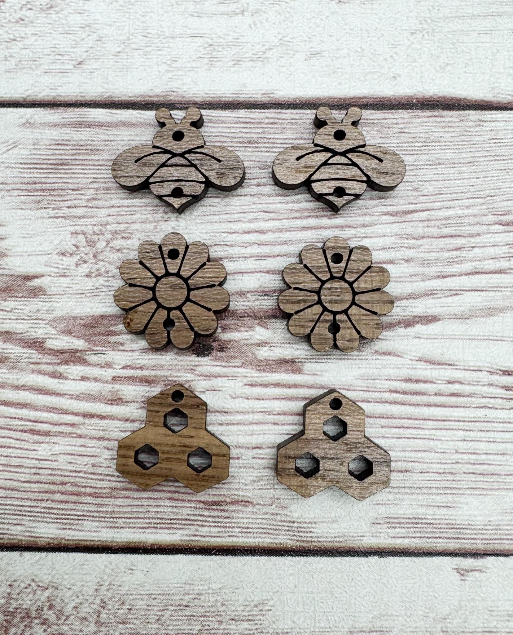 Bee Flower Honeycomb Trio Earring Blanks, Finished Walnut Blank, DIY Jewelry Making