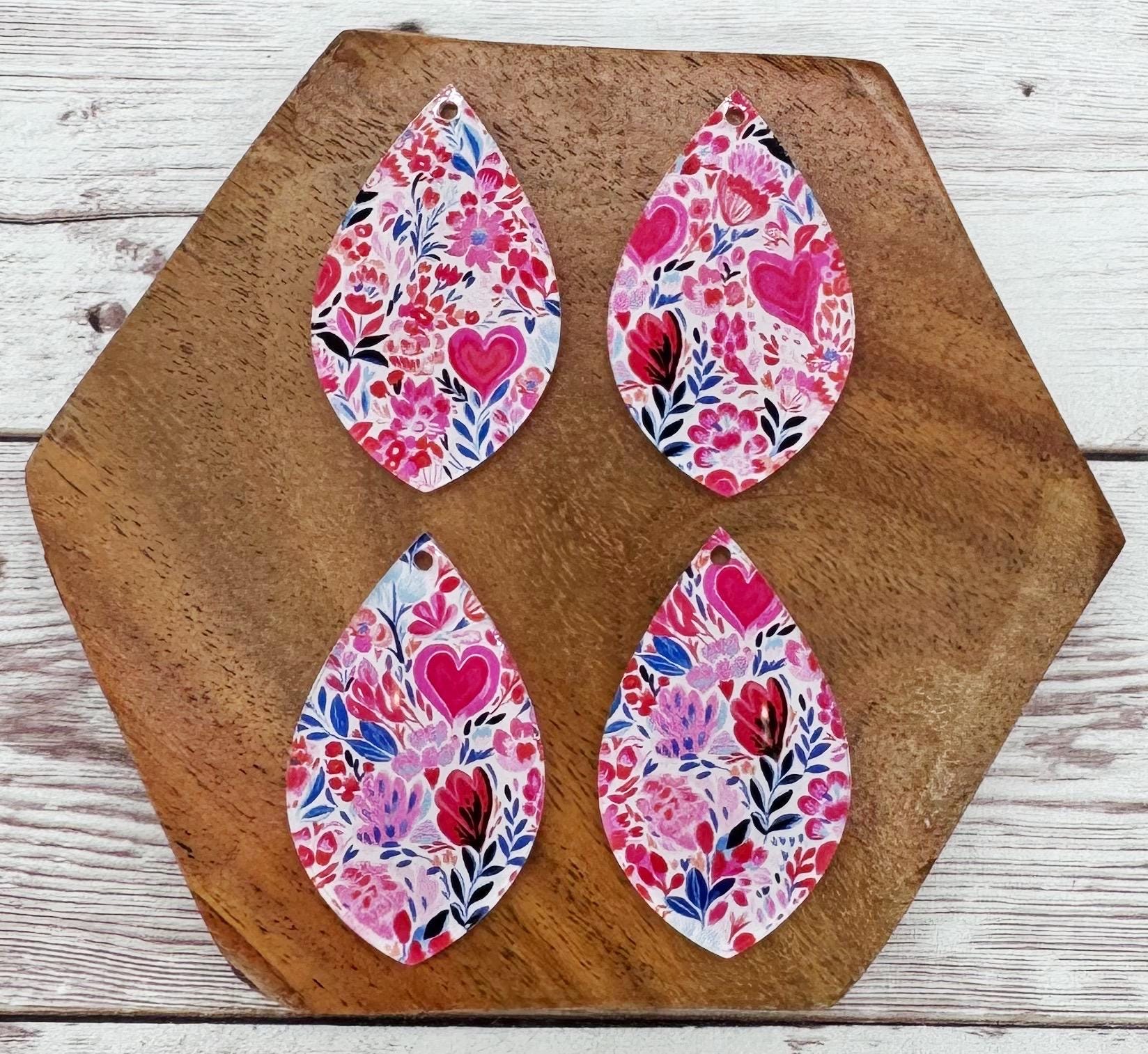 Pink Floral Heart Valentine Print Acrylic Teardrop Earring Blanks, DIY Jewelry Making