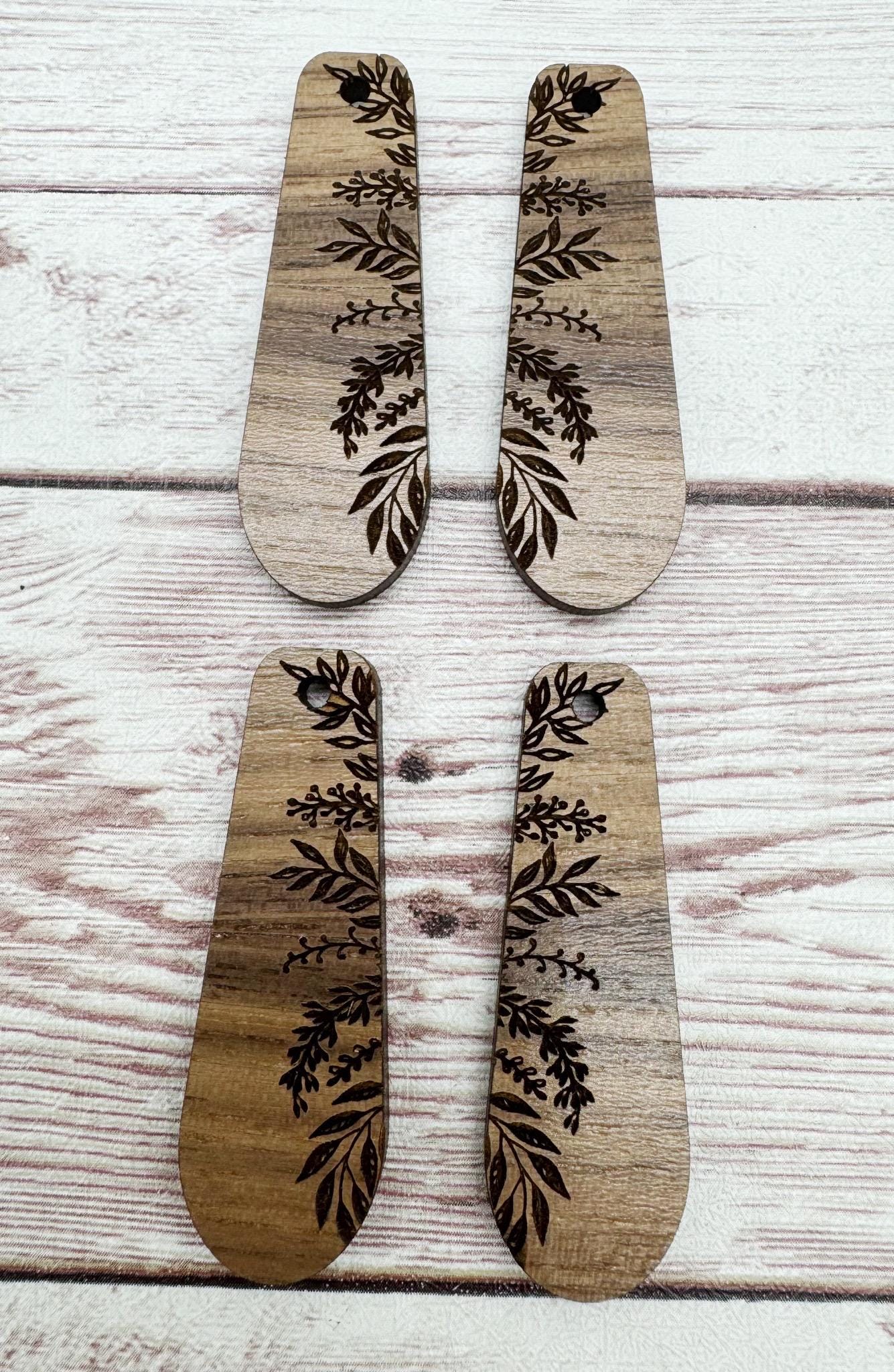 Engraved Fern Floral Bar Earring Blanks, Finished Walnut Blank, DIY Jewelry Making