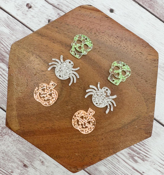 Halloween Glow in the Dark Glitter Skull Spider Pumpkin Dangle Trio Earring Blanks, DIY Jewelry Making