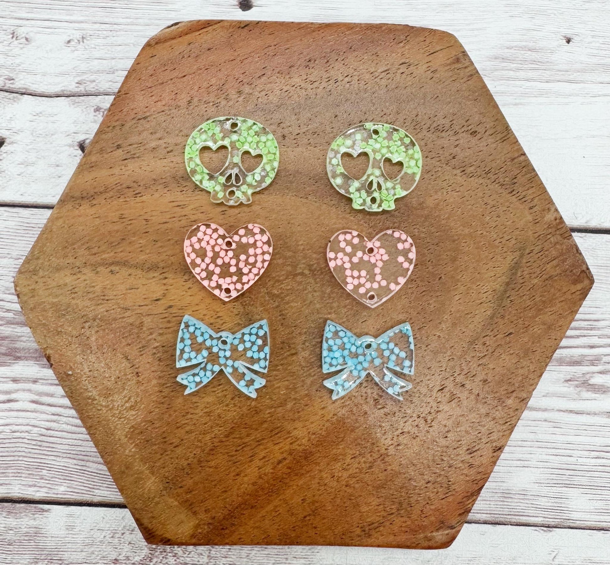 Halloween Glow in the Dark Glitter Skull Heart Bow Dangle Trio Earring Blanks, DIY Jewelry Making