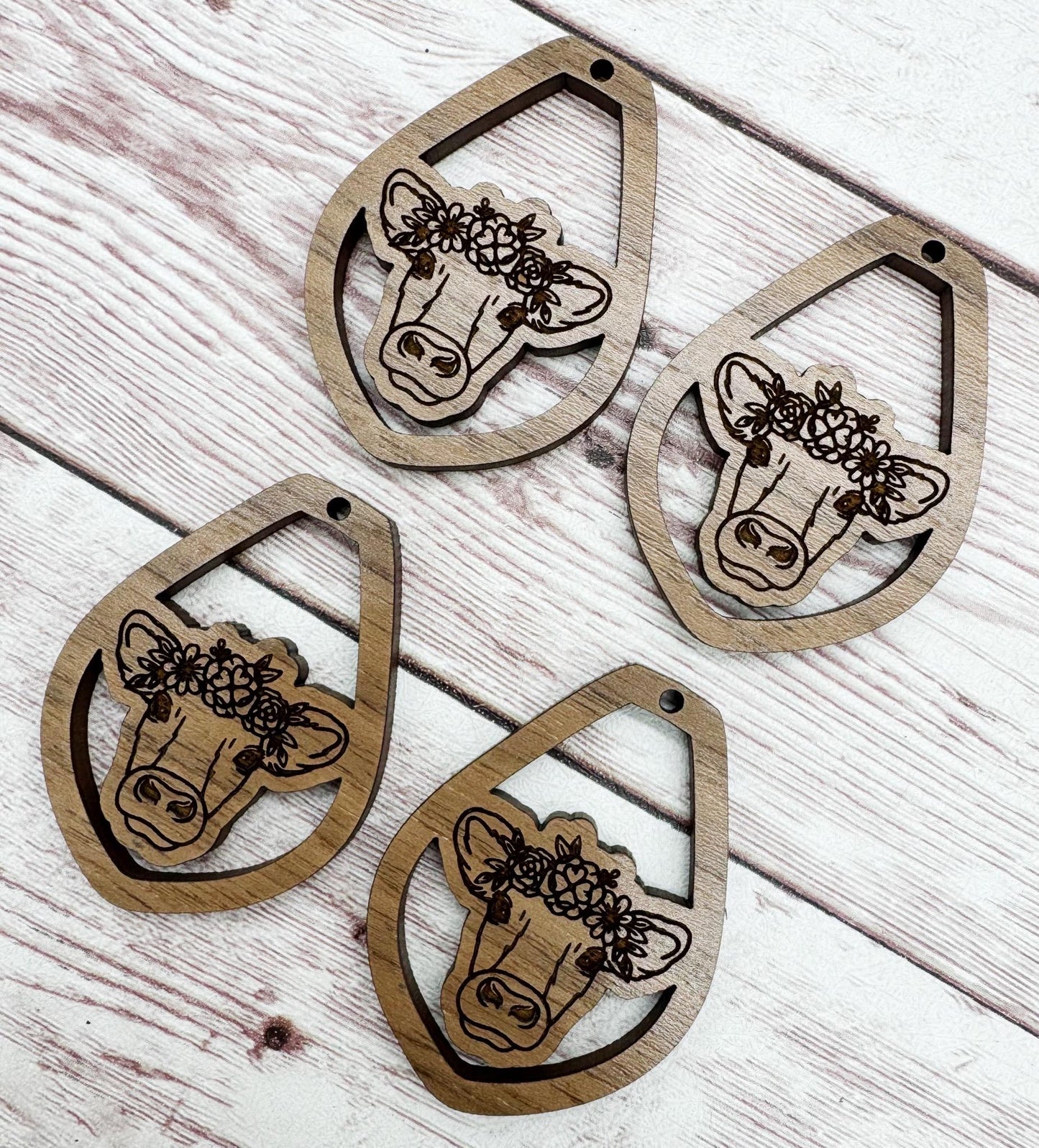 Engraved Floral Cow Animal Earring Blanks, Finished Walnut Blank, DIY Jewelry Making