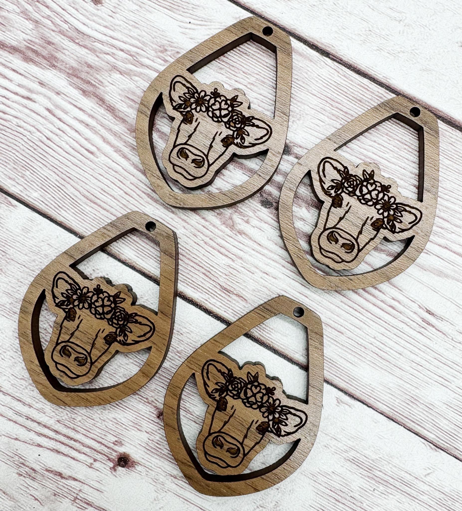 Engraved Floral Cow Animal Earring Blanks, Finished Walnut Blank, DIY Jewelry Making