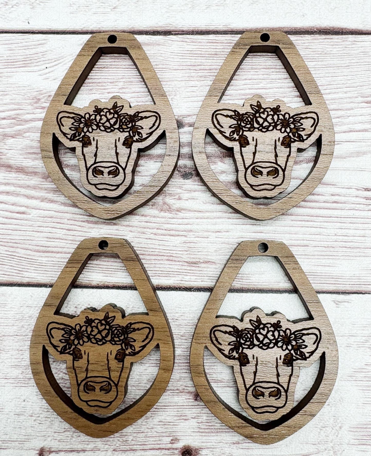 Engraved Floral Cow Animal Earring Blanks, Finished Walnut Blank, DIY Jewelry Making