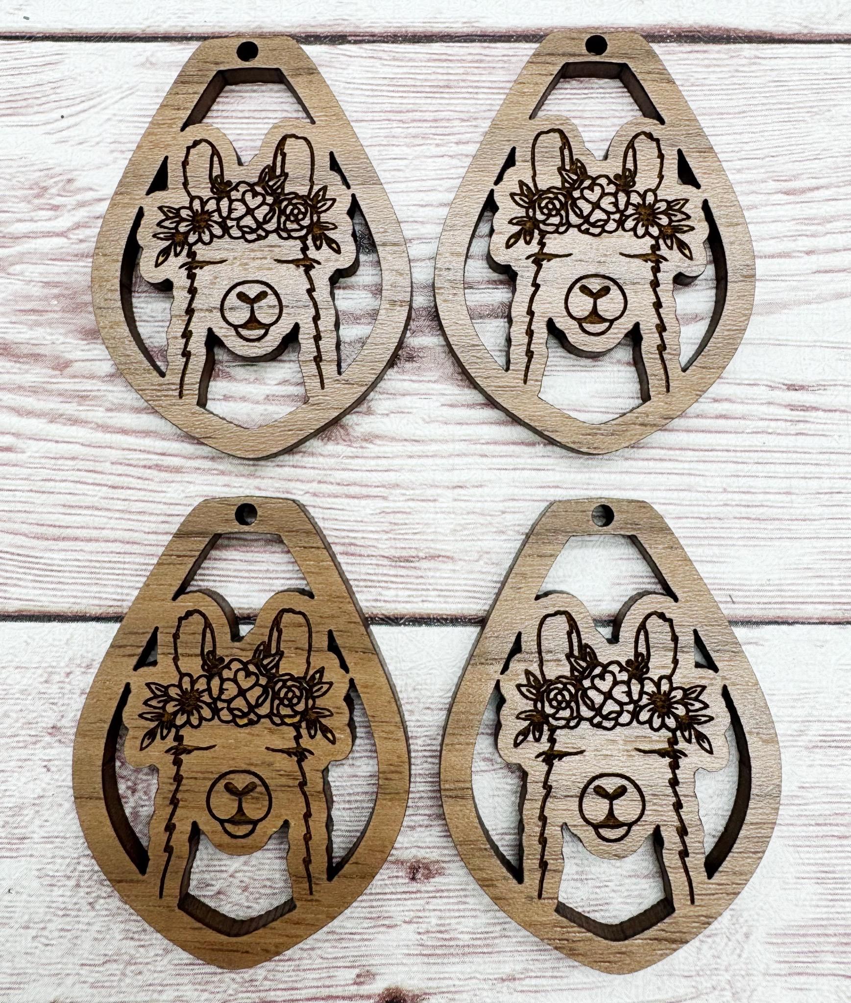Engraved Floral Llama Animal Earring Blanks, Finished Walnut Blank, DIY Jewelry Making