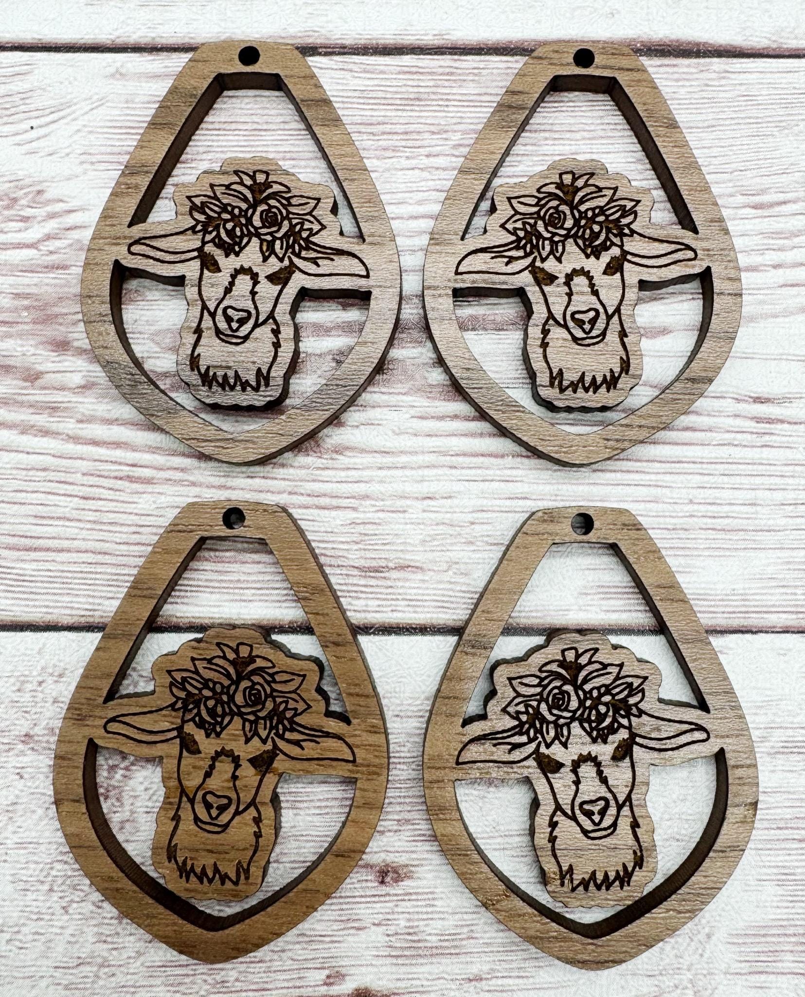 Engraved Floral Goat Animal Earring Blanks, Finished Walnut Blank, DIY Jewelry Making