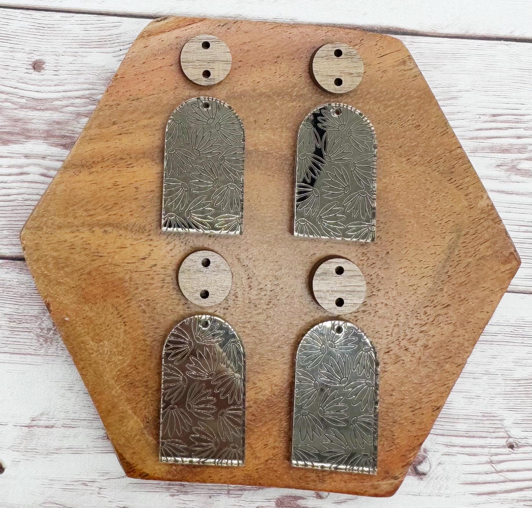 Engraved Flower Mirrored Bronze Acrylic and Walnut Connector Set Earring Blanks, DIY Jewelry Making