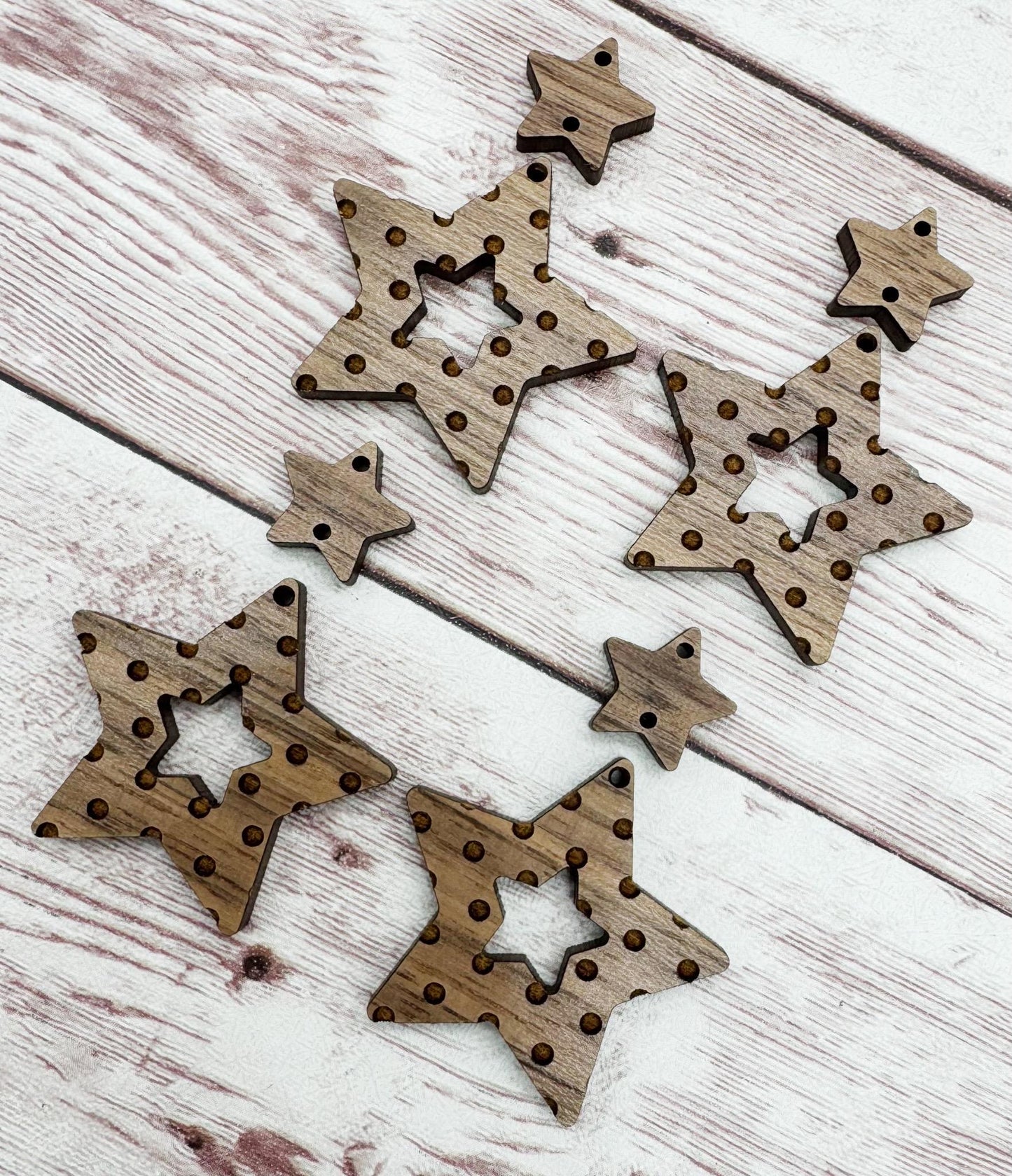 Patriotic Engraved Polka Dots and Wood Star Connector Earring Blanks, 4th of July, DIY Jewelry Making