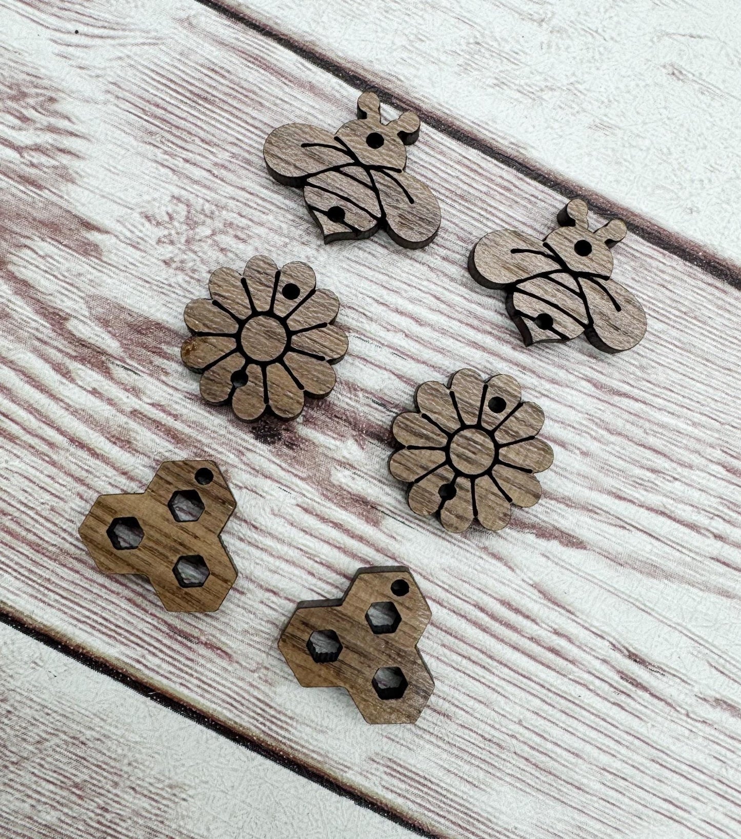 Bee Flower Honeycomb Trio Earring Blanks, Finished Walnut Blank, DIY Jewelry Making