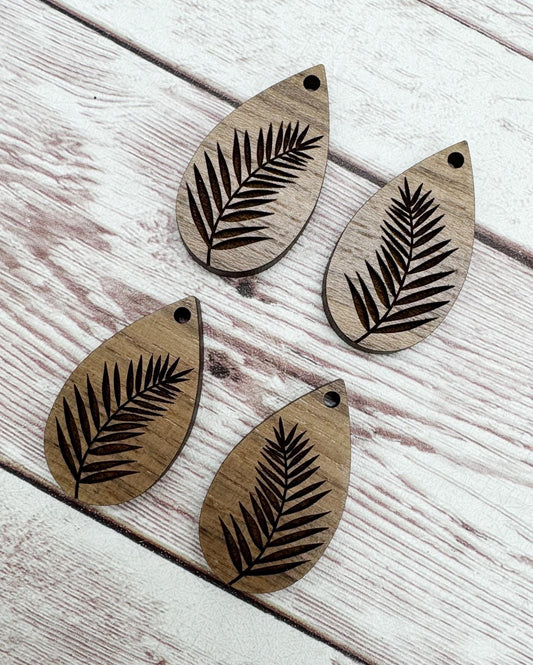 Engraved Fern Teardrop Set of 2 Pair, Walnut Earring Blanks, DIY Jewelry Making