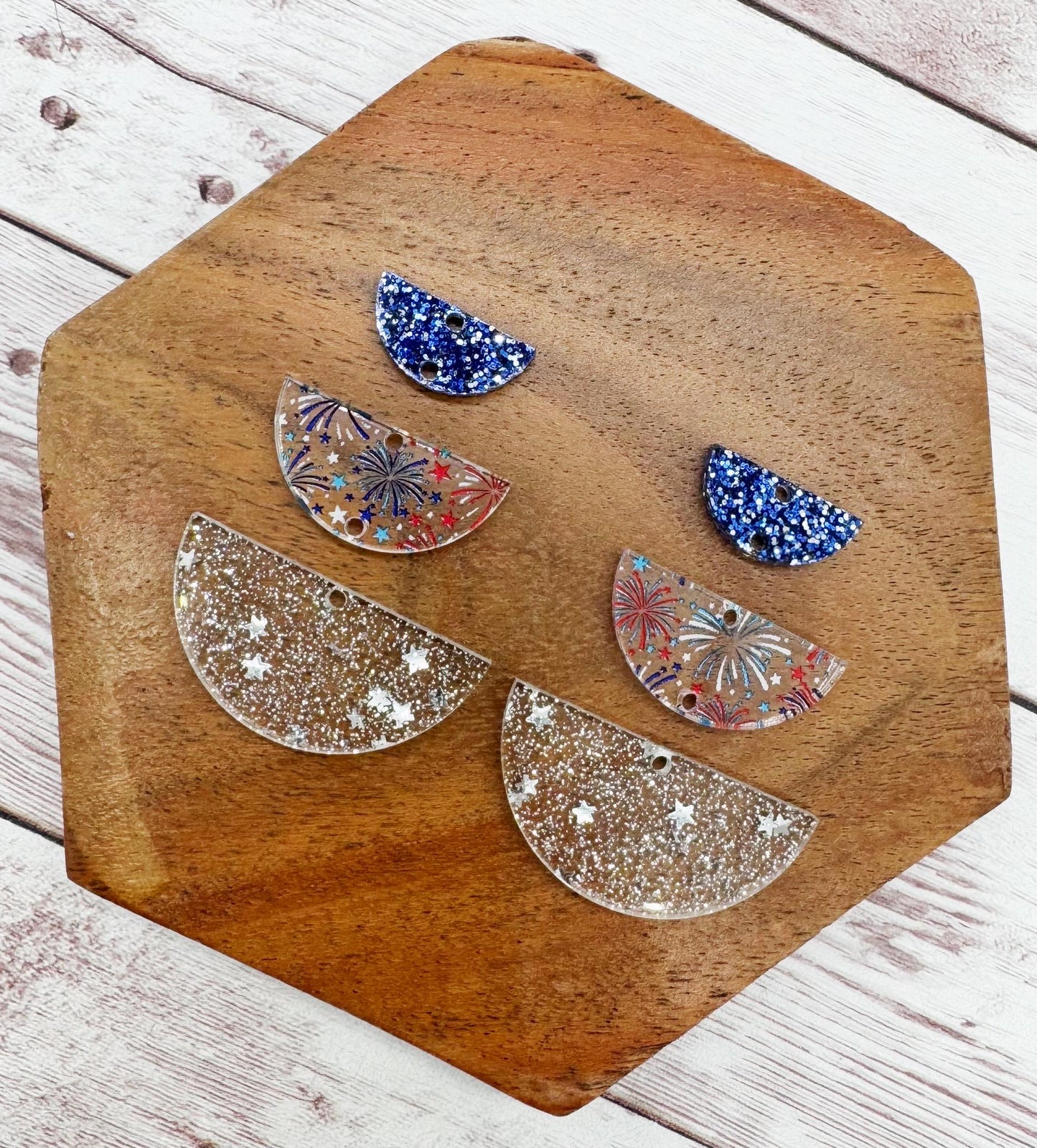 4th of July Stars Fireworks Glitter Semicircle Trio Acrylic Earring Blanks, DIY Jewelry Making