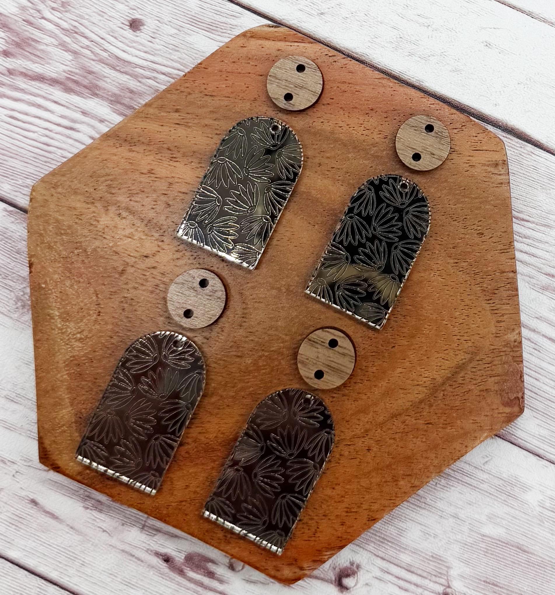 Engraved Flower Mirrored Bronze Acrylic and Walnut Connector Set Earring Blanks, DIY Jewelry Making