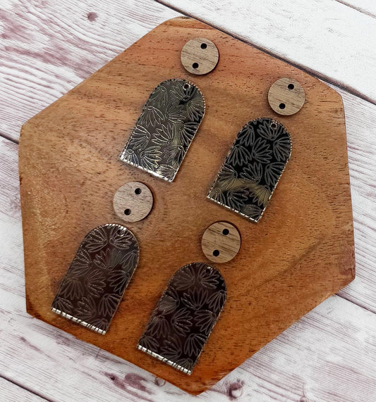 Engraved Flower Mirrored Bronze Acrylic and Walnut Connector Set Earring Blanks, DIY Jewelry Making