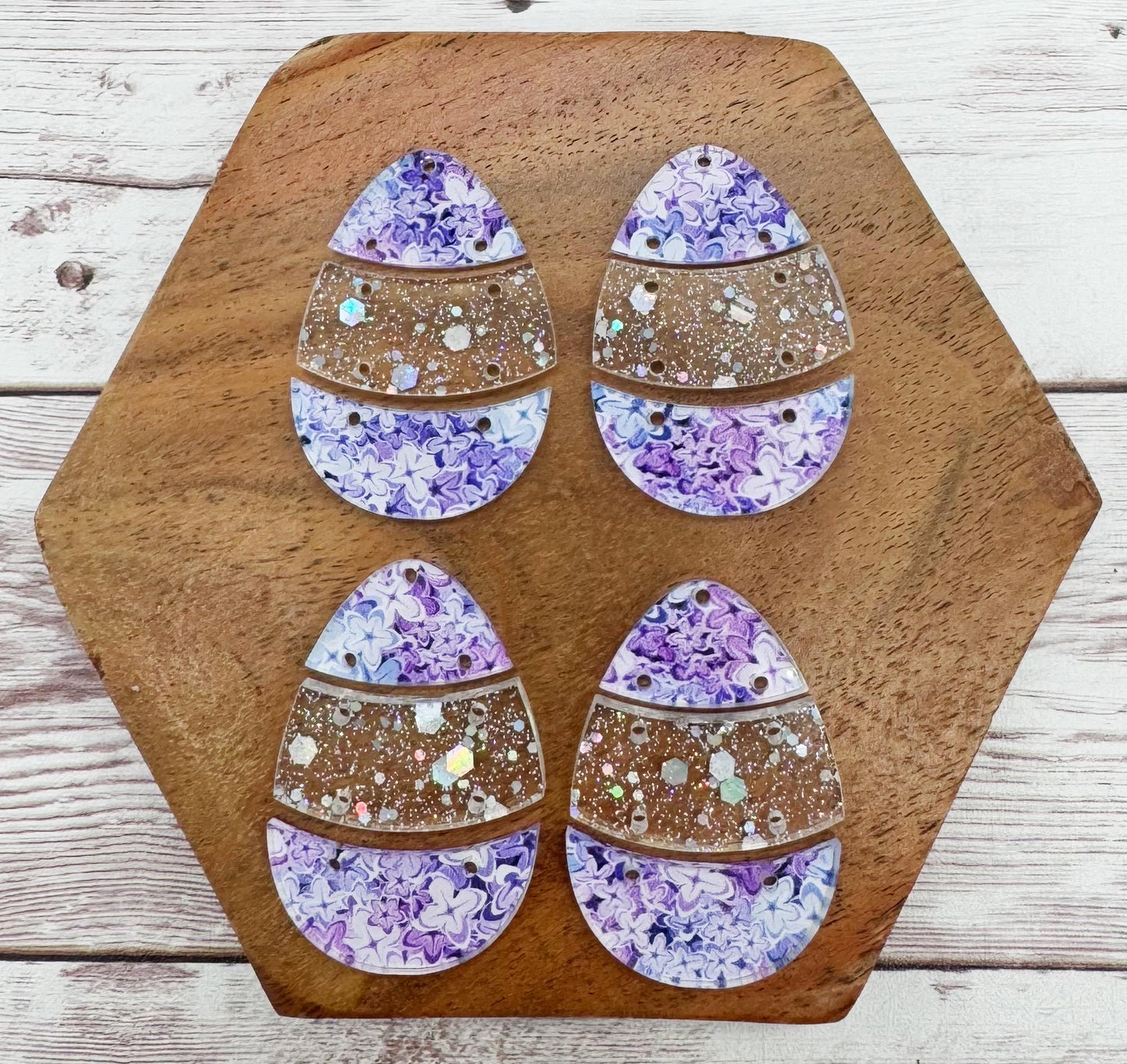 Purple Lilac and Glitter Easter Egg Trio Earring Blanks, DIY Jewelry Making