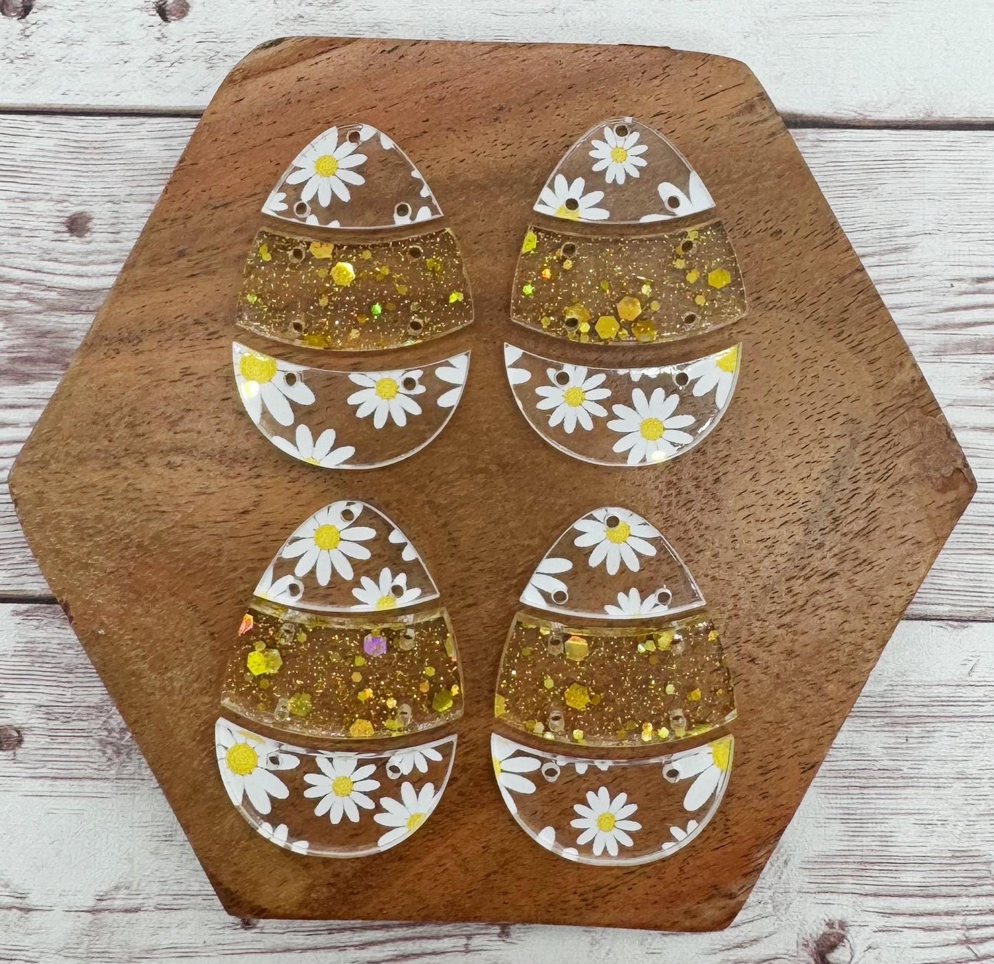 Daisy and Gold Glitter Easter Egg Trio Earring Blanks, DIY Jewelry Making