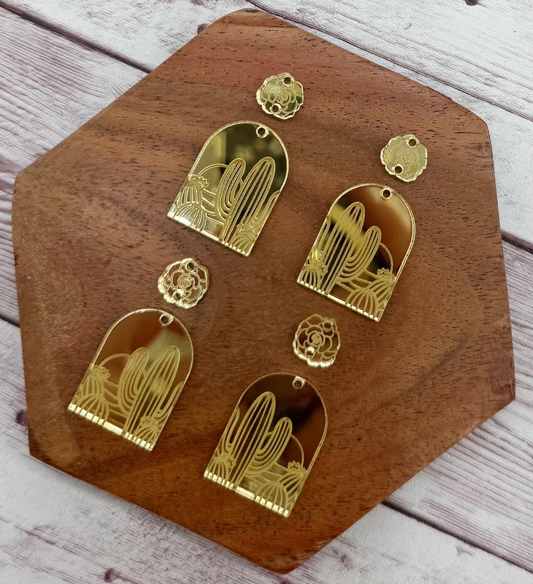 Engraved Cactus Rose Desert Mirrored Gold Acrylic Connector Set Earring Blanks, DIY Jewelry Making