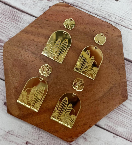 Engraved Cactus Rose Desert Mirrored Gold Acrylic Connector Set Earring Blanks, DIY Jewelry Making
