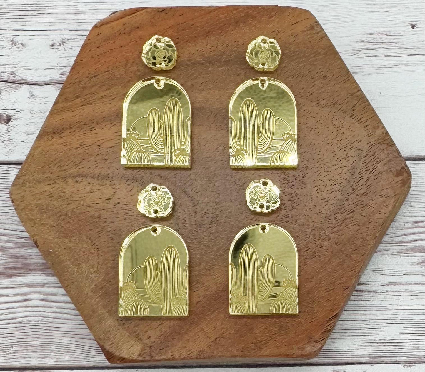 Engraved Cactus Rose Desert Mirrored Gold Acrylic Connector Set Earring Blanks, DIY Jewelry Making