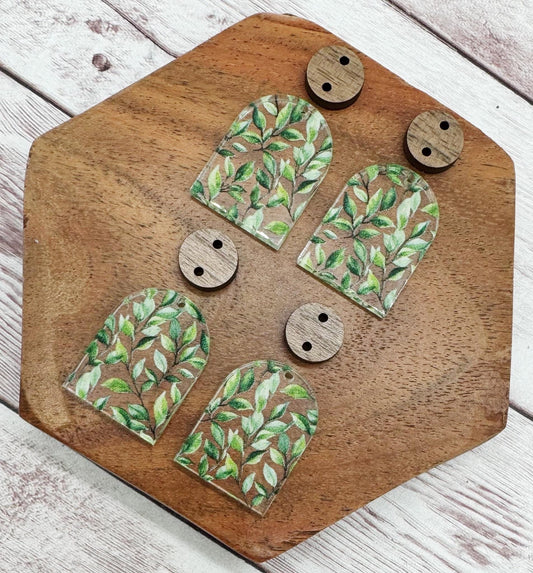 Patterned Leaves Vine Acrylic and Walnut Connector Set Earring Blanks, DIY Jewelry Making