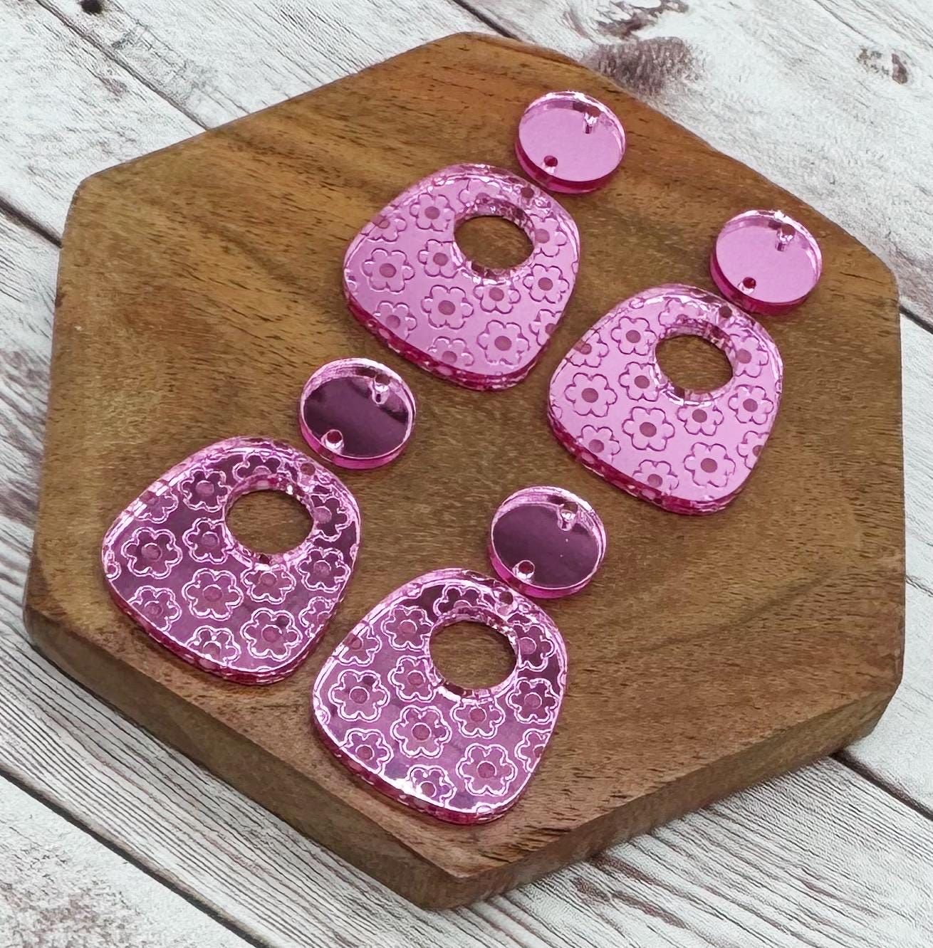 Engraved Flower Mirrored Pink Acrylic Connector Set Earring Blanks, DIY Jewelry Making